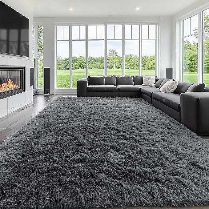 OLANLY 9x12 Machine Washable Large Area Rugs for Living Room, Bedroom, Soft Fluffy Shaggy Bedside Rug, Indoor Floor Carpet for Kids Girls and Boys, Dorms, Nursery, Home Decor Aesthetic, Grey