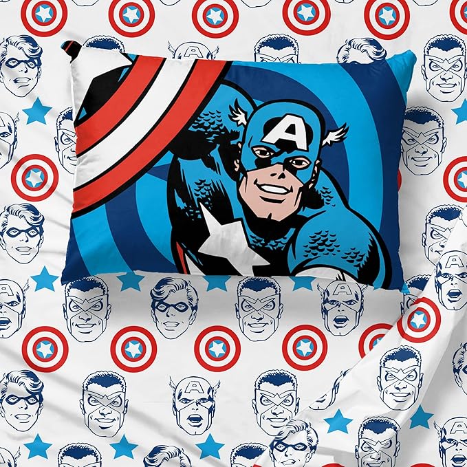 Jay Franco Kids Sheet Set with Fitted, Flat Sheets & Pillow Cover - Ultra-Soft Bedding with Pillowcase for Room Decor, White - Captain America, 3 Piece Twin