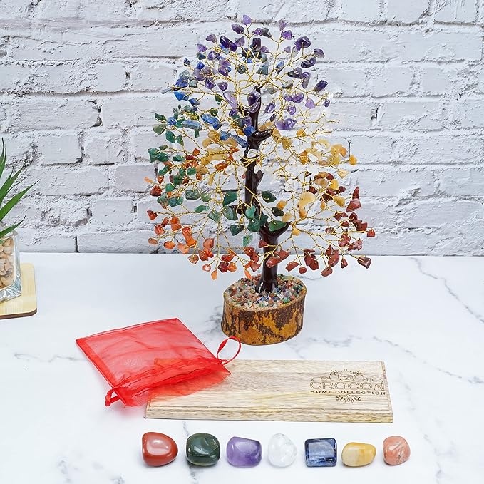 7 Chakra Tree of Life - Crystal Tree of Life with Seven Chakra Tumbles, Wooden Decor Base Tray, Handmade Gemstone Tree, Crystal Decorations, Spiritual Gifts, Artificial Tree, Feng Shui Decor Tree