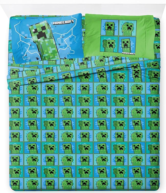Jay Franco Kids Sheet Set with Fitted, Flat Sheets & Pillow Cover - Ultra-Soft Bedding with Pillowcase for Room Decor, Blue - Minecraft Creeper, 4 Piece Queen
