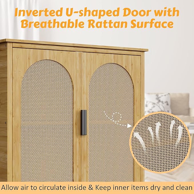 MUPATER 66.9'' Bamboo Over The Toilet Storage Cabinet, Bathroom Space Saver, U-Shaped Door with Rattan Surface, Over Toilet Bathroom Organizer with Open Storage Shelf, Natural