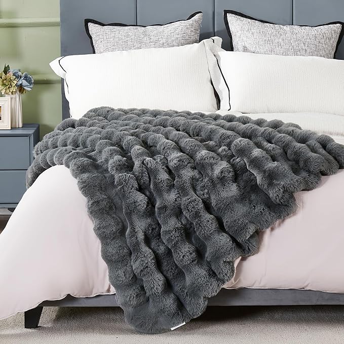 JONIYEAR Solid Thick Fuzzy Bubble Faux Rabbit Fur Blanket Twin Size 60" x 70", Decorative Bumpy Cute Cozy Fluffy Gray Warm Blanket for Winter, Oversized Reversible Poofy Comfy Shag Furry Throw, Grey