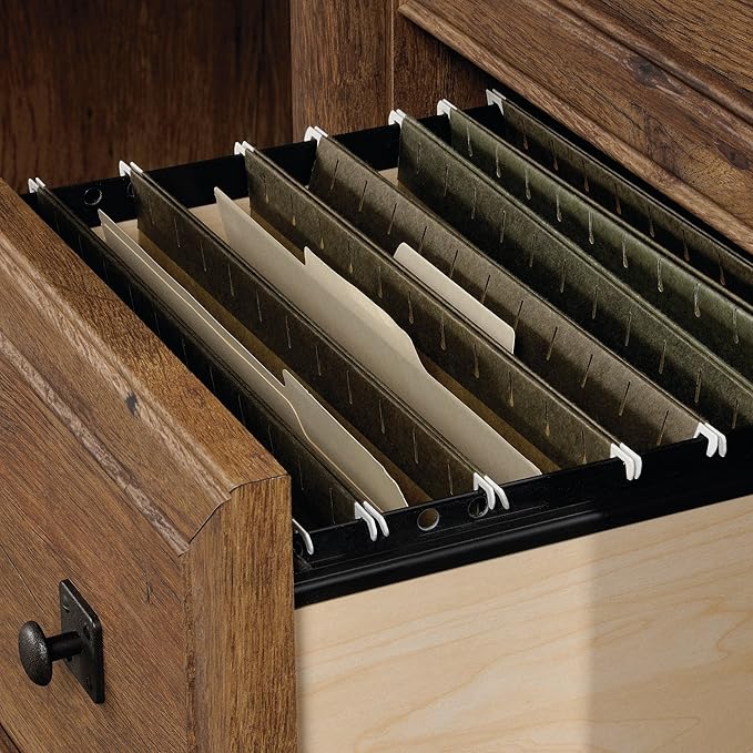 Sauder Palladia Computer Desk with Drawers, Home Office Desk with File Cabinet Storage Drawer, Cable Management, Keyboard Tray, in Vintage Oak finish