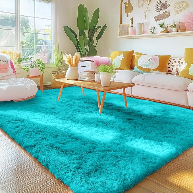OLANLY Area Rugs for Living Room Bedroom, Machine Washable 4x5.9 ft Soft Fluffy Shaggy Bedside Rug, Indoor Floor Carpet for Kids Girls and Boys, Dorms, Nursery Rooms, Home Decor Aesthetic, Teal Blue