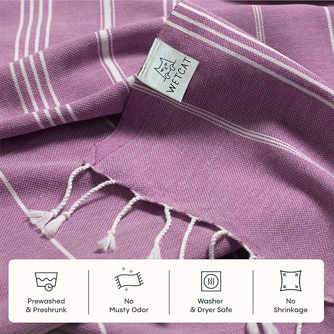 WETCAT Turkish Beach Towel Oversized (38"x71") 100% Turkish Cotton, Made in Turkey - Sand Free, Extra Large, Ultra Soft, Quick Drying, Compact & Lightweight for Travel - Purple