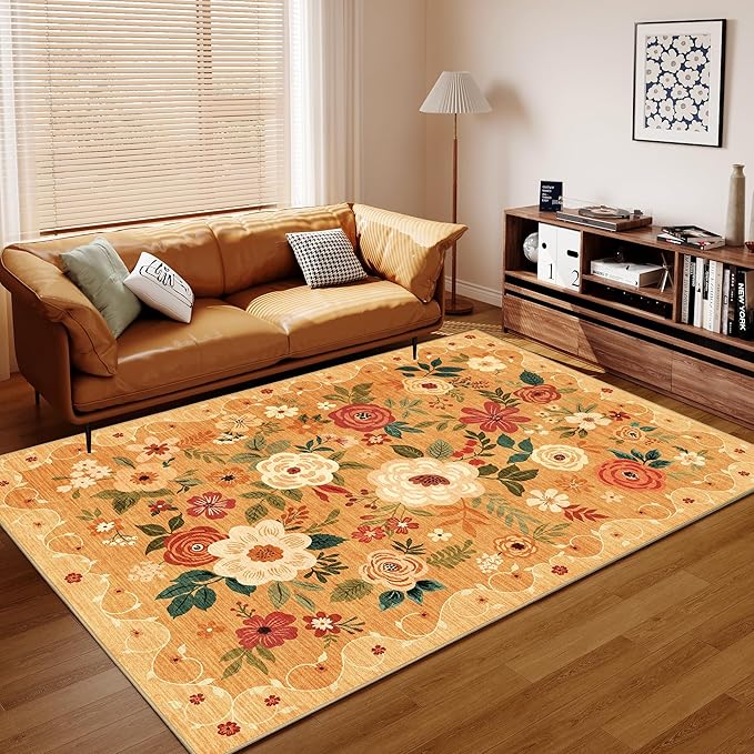 DUKINO 6x9 Area Rug, Floral Rugs for Living Room, Lightweight Non Slip Washable Rug, Indoor Low Pile & Non-Shedding Boho Design Rugs for Bedroom, Living Room, Dining Room, Orange