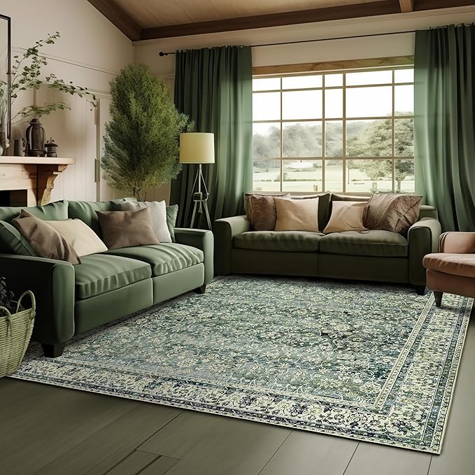 5x7 Area Rugs Washable Rugs for Living Room,Christmas Faux Wool Soft Moody Floral Boho Vintage Oriental Indoor Carpet Rug for Bedroom,5 by 7,Dark Emerald Green