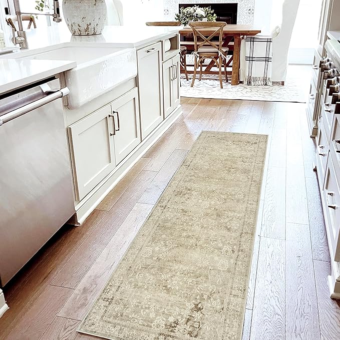 Neutral Farmhouse Hallway Rug Runner 2x6 Washable Non Slip Rubber Backing Vintage Modern Boho Runners Rugs for Entryway Indoor Kitchen Bathroom,Tan Brown and Cream Beige