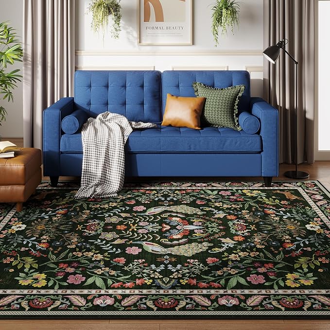 Living Room Rug 5x7 Rug Machine Washable Area Rug Floral Non-Slip Low Pile Large Rugs for Living Room, Bedroom, Farmhouse, Dining Room, Kids Playroom (Emerald Green)