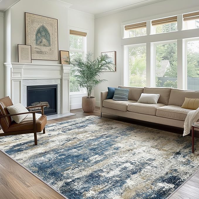 Machine Washable Rug 9x12 Area Rugs for Living Room Bedroom, Large Navy Blue Beige Abstract Area Rug Soft Throw Rugs, Low-Pile Floor Carpet with Non Slip Rubber Backing