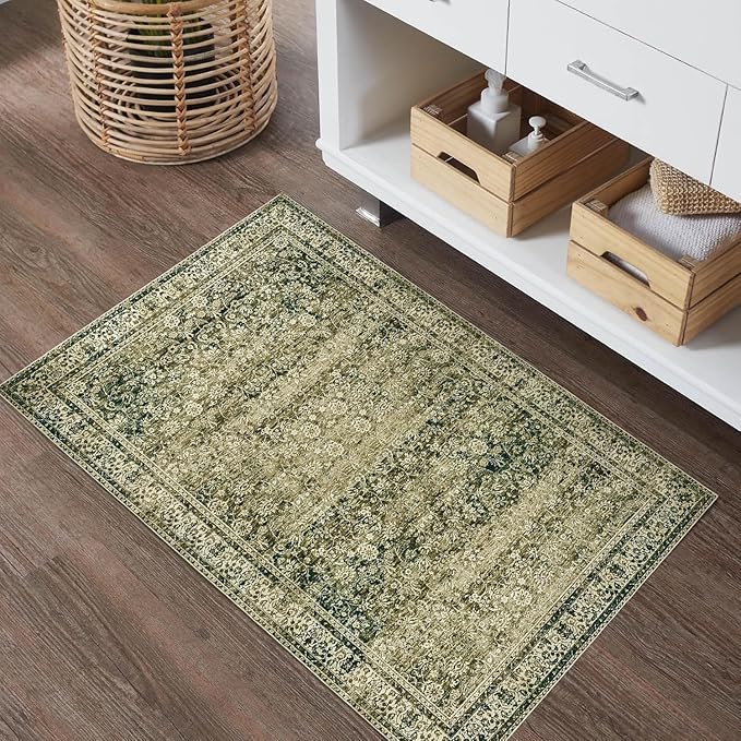 Throw Rugs 2x3,Non Slip Washable Vintage Floral Boho Accent Soft Thin Small Area Rug for Sink Area Bathroom Bedroom 24 x 36,Olive Green and Beige