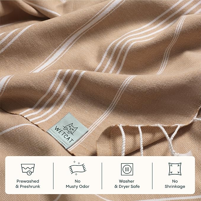 WETCAT Turkish Beach Towel Oversized (38"x71") 100% Turkish Cotton, Made in Turkey - Sand Free, Extra Large, Ultra Soft, Quick Drying, Compact & Lightweight for Travel - Tawny Brown