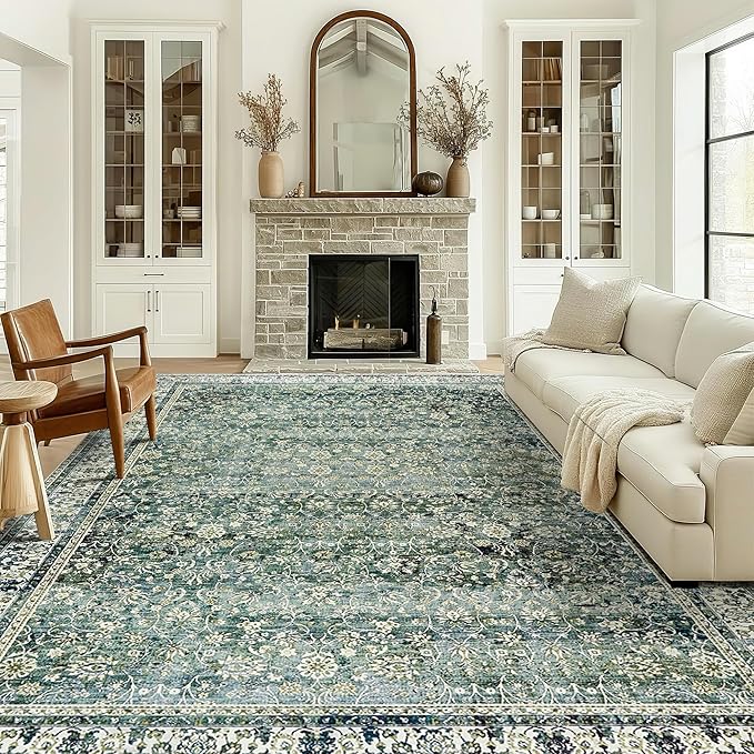 6x9 Area Rugs Washable Rugs for Bedroom,Faux Wool Moody Floral Boho Vintage Oriental Indoor Carpet for Living Room,Hunter Forest Green