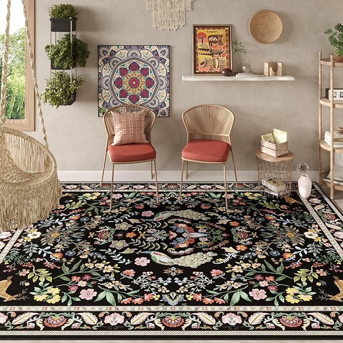 8x10 Area Rugs for Living Room Washable Rug Floral Non-Slip Large Rug for Living Room, Bedroom, Farmhouse, Dining Room, Kids Playroom (Vibrant Black)