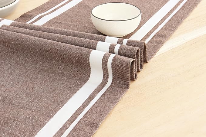 PurpleEssences French Striped Table Runner 72 inches Long Stripe Runner 14 x 72 Inch 100% Cotton - Durable Washable Fabric for Fall Thanksgiving - H.White and Nut Brown