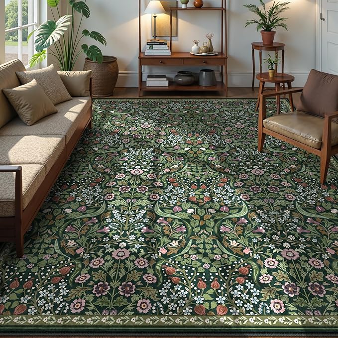 Lahome Floral Area Rugs 9x12 Living Room, Green Soft Bedroom Rugs Non Slip, Thin Dining Room Carpet, Non Shedding Print Carpets for Guestroom