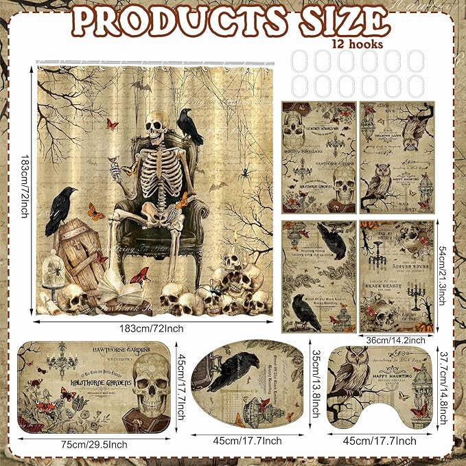 8 Pcs Halloween Gothic Shower Curtain Set for Bathroom Include Vintage Skeleton Towels Non Slip Skull Rugs Toilet Lid Cover Spooky Spider Web Bath Mat and 12 Hooks for Halloween Bathroom Decor