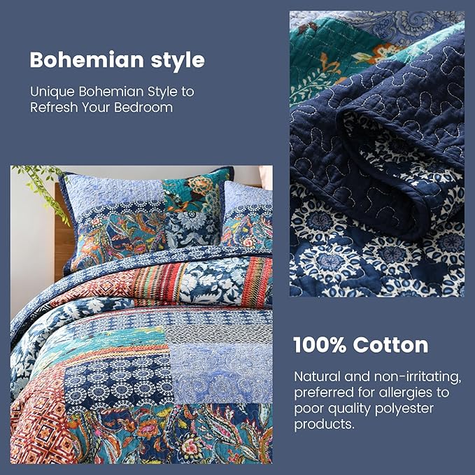 Secgo California King Quilt Size - 100% Cotton Oversized California Comforter Set Bedding Sets (120 * 110 Inch) with 2 Pillow Shams, Patchwork Reversible Lightweight Bedspread