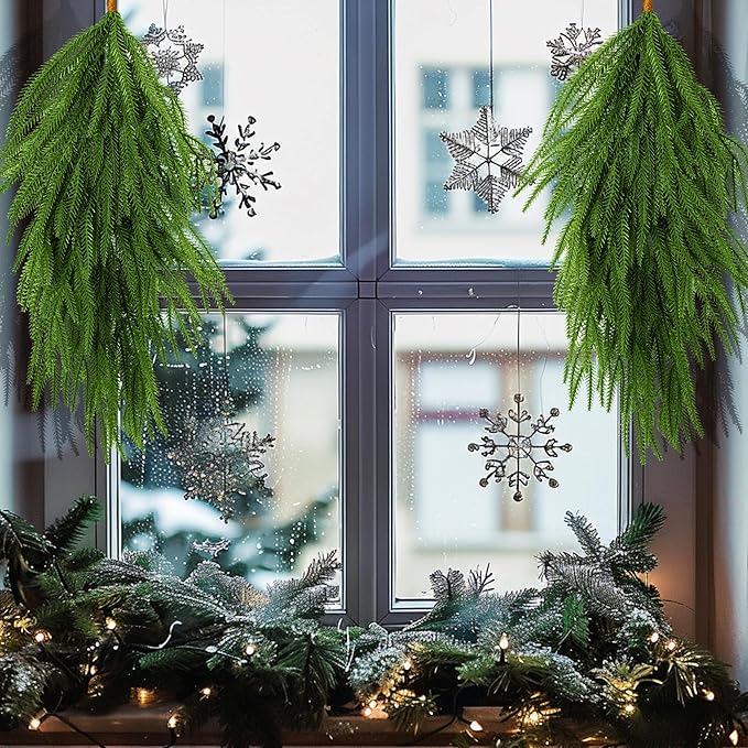 2 Pcs Artificial Christmas Teardrop Swag, 28" Faux Pine Needles Teardrop Door Swag, Christmas Norfolk Greenery Teardrop Wreath for Xmas Holiday Door Table Mantle Fireplace Indoor Outdoor Decor
