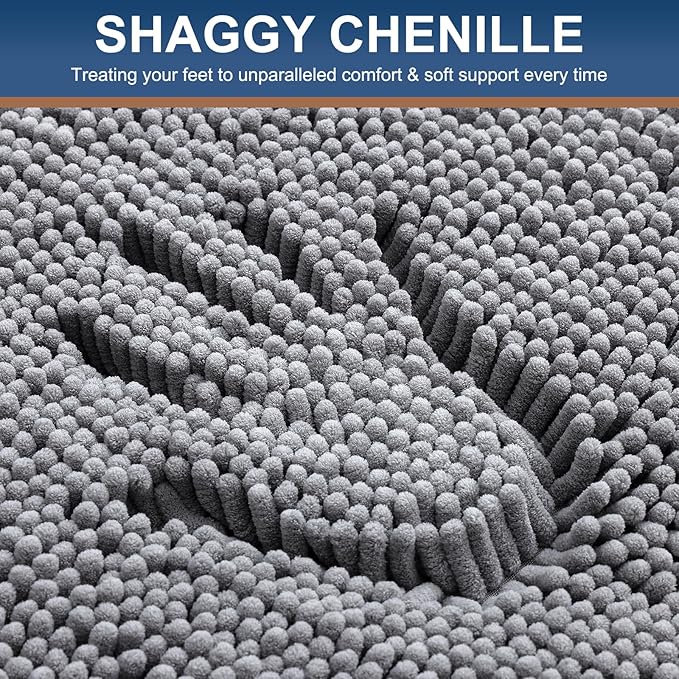 Smiry Luxury Chenille Bathroom Rugs 40x24, Extra Soft and Absorbent Shaggy Bath Mat, Machine Washable, Non-Slip Plush Carpet Runner for Tub, Shower, and Floor, Home Decor Accessories, Grey