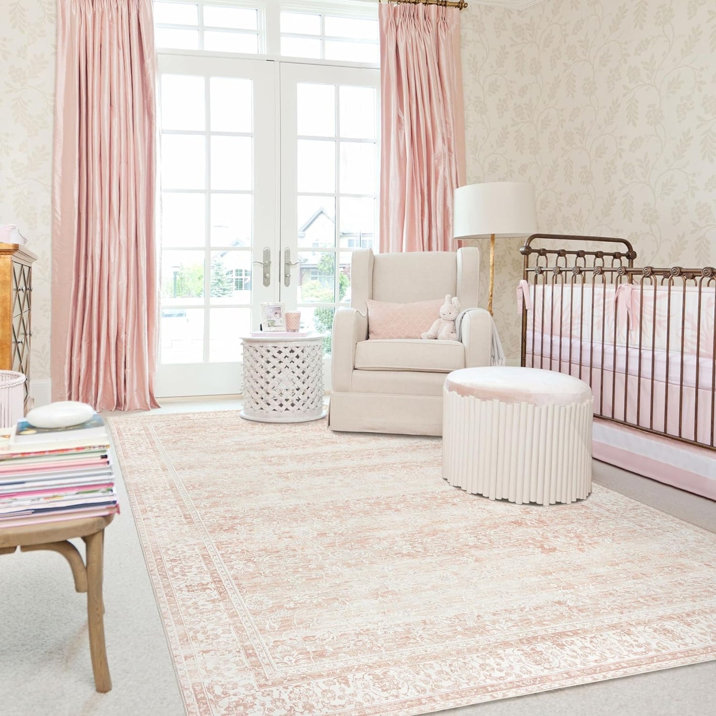 Nursery Rug for Baby Girl,Neutral Blush Pink Boho Cute Floral Foldable Machine Washable Soft Faux Wool Carpet Area Rugs for Living Room Bedroom Dorm Kids Playroom,5x7