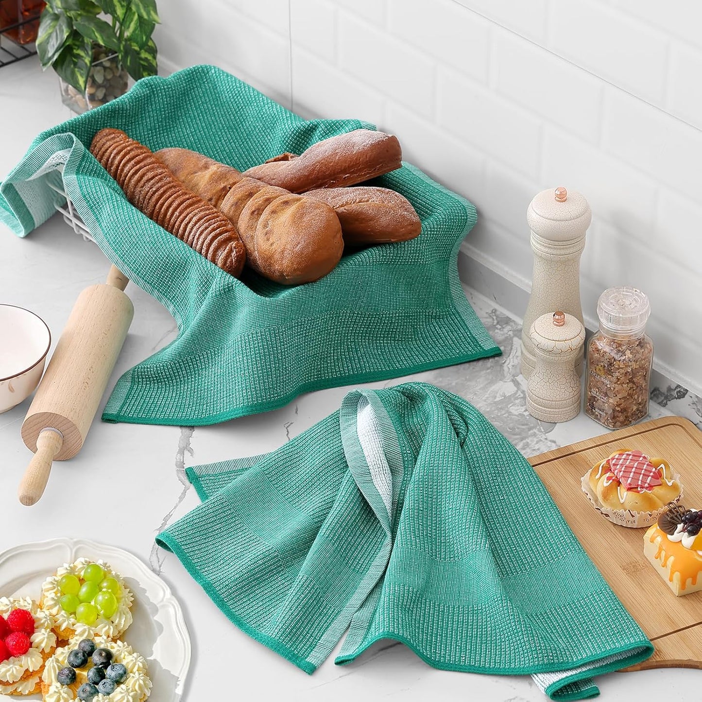 Homaxy Premium Kitchen Towels(18”x 28”, 6 Pack), Large Cotton Kitchen Hand Towels, Flat and Terry Dish Towels, 380 GSM Highly Absorbent Tea Towel Set with Hanging Loop, Grey/Red/Green