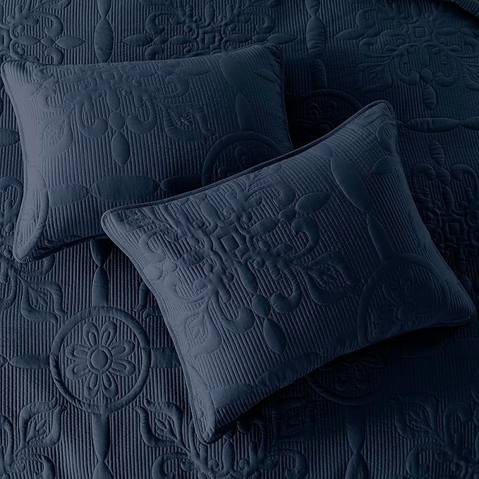 Navy Blue Damask Quilt Queen Size Bedding Sets with 2 Pillow Shams, Boho Bedspread Lightweight Soft Farmhouse Vintage Bohemian Coverlet Retro Jacquard Pattern Bed Cover for All Season, 3 Pieces