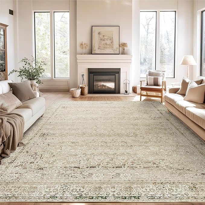 Neutral Area Rugs 8x10 for Living Room,Boho Washable Earth Tone Vintage Floral Modern Farmhouse Bedroom Dining Room Rug Under Table,Cream Beige Tan Brown