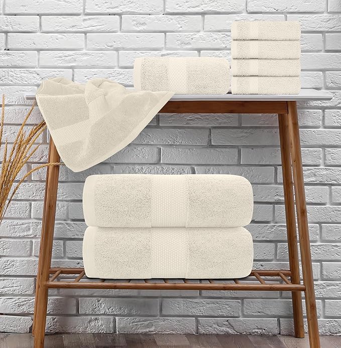 White Classic Luxury Bath Towel Set of 8 Pieces - 100% Turkish Cotton Highly Absorbent Towels for Bathroom, 2 Luxury Bath Towels 700GSM, 2 Hand Towels, 4 Washcloths, Ivory