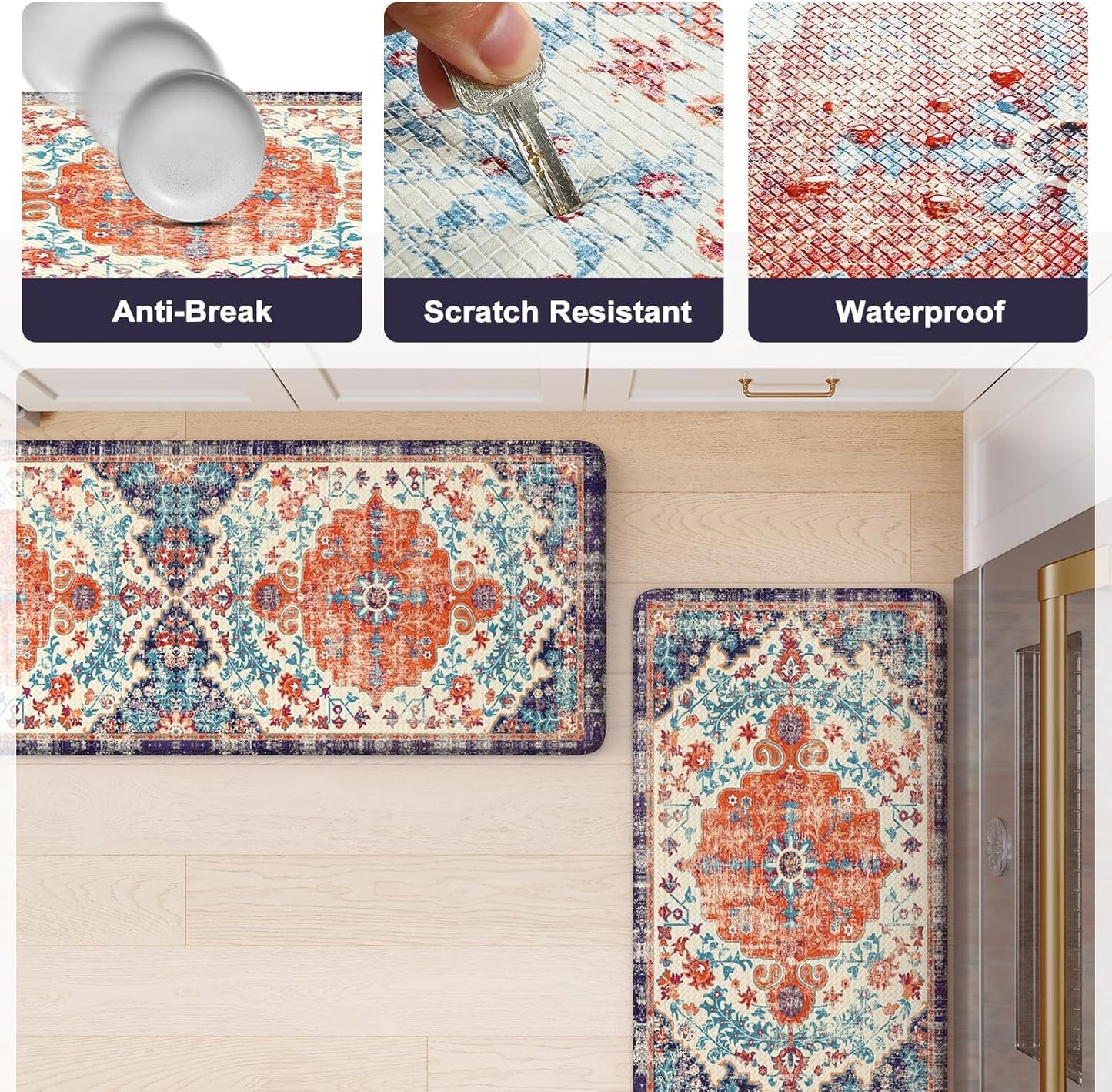 KIMODE Anti Fatigue Kitchen Mat, Boho Distressed Kitchen Rugs Sets of 2, Kitchen Floor Mats Non Slip Cushioned, Waterproof Standing Mat for Laundry, Office, Sink, Desk, Orange/Purple