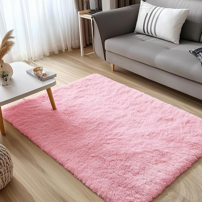 OLANLY 3x5 Machine Washable Small Bedside Rug, Soft Fluffy Shaggy Rugs for Living Room, Bedroom, Indoor Floor Carpet for Kids Girls and Boys, Preppy Dorms, Nursery, Home Decor Aesthetic, Pink