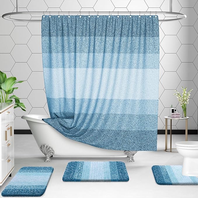 OLANLY Bathroom Rug Set 2 Piece, Soft Absorbent Microfiber Bath Mats and U-Shaped Contour Toilet Rug, Non-Slip, Machine Wash Dry, Plush Shaggy Bath Mats for Bathroom (24"x16"+24"x20", Peacock Blue)