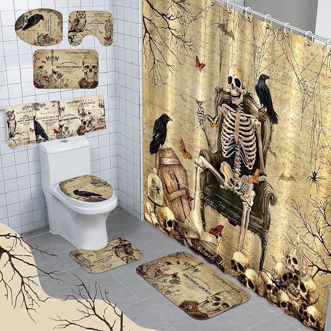 8 Pcs Halloween Gothic Shower Curtain Set for Bathroom Include Vintage Skeleton Towels Non Slip Skull Rugs Toilet Lid Cover Spooky Spider Web Bath Mat and 12 Hooks for Halloween Bathroom Decor
