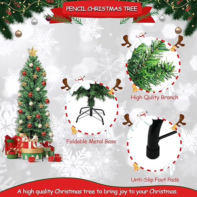 Suunyglade 4FT Green Artificial Christmas Tree, Premium Hinged Pine Tree with Solid Foldable Metal Legs, Pencil Shape Christmas Tree Perfect for Home, Shops and Holiday Decoration