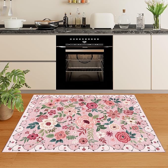 DUKINO 3x4 Area Rug, Lightweight Non Slip Washable Floral Rug, Indoor Low Pile & Non-Shedding Boho Design Carpets for Bedroom, Kitchen, Dining Room, Pink