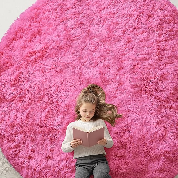 OLANLY Hot Pink Round Rugs for Bedroom - Machine Washable, 9 ft Circle Area Rugs for Living Room, Soft and Fluffy Shaggy Carpet for Teen Girls and Boys, Nursery Rooms, Dorms, Home Decor Aesthetic