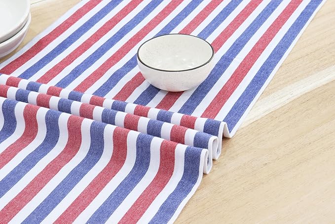 PurpleEssences 4th of July Striped Table Runner 90 inches Long Stripe Runner 14 x 90 Inch 100% Cotton - Durable Washable Fabric - Labor Day - Red Blue White