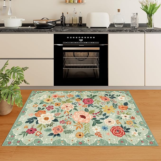 DUKINO 3x4 Area Rug, Lightweight Non Slip Washable Floral Rug, Indoor Low Pile & Non-Shedding Boho Design Carpets for Bedroom, Kitchen, Dining Room, Green