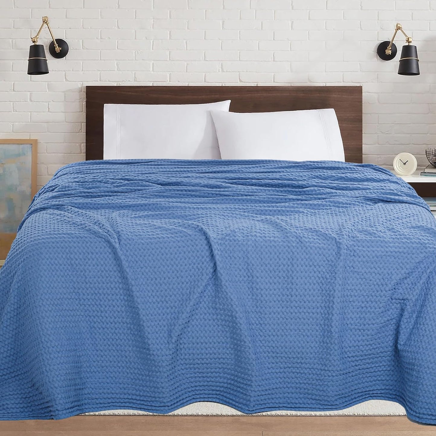 HILLFAIR 100% Cotton Blanket- 120"x120" XXL Oversized King Bed Blankets- Family Size 10 ft x 10 ft Big- Waffle Blankets- All Season Soft Breathable- Extra Large King Cotton Blanket for Bed- Sky Blue