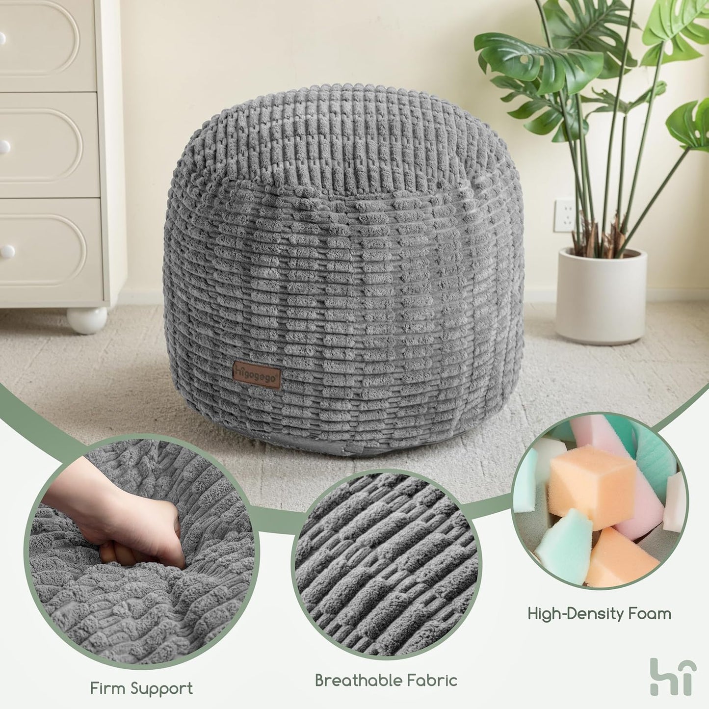 HIGOGOGO Pouf Ottoman Stuffed Round Modern Foam Filled Foot Rest Poufs for Living Room Chair Decorative 20 X 15 Inches Boho Relax Stool for Wedding Christmas Party, Light Grey