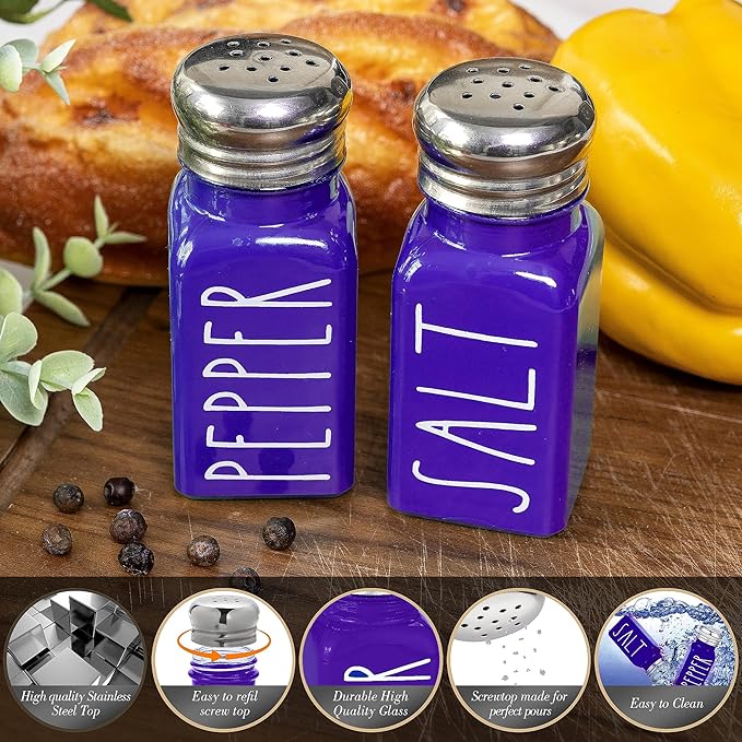 Purple Salt and Pepper Shakers Set by Brighter Barns - Modern Farmhouse Kitchen Decor and Accessories - Cute Salt and Pepper Set - Glass Shakers & Stainless Steel Lids for Home, Restaurants (Purple)