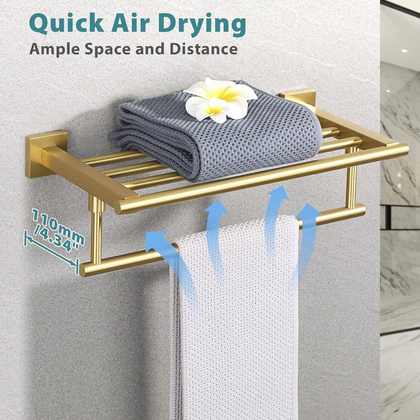 Alise Towel Rack,Towel Holder Towel Hanger with Towel Bar for Bathroom Lavatory,Wall Mount SUS 304 Stainless Steel Towel Shelf,GKL100-G Brushed Gold 16-Inch