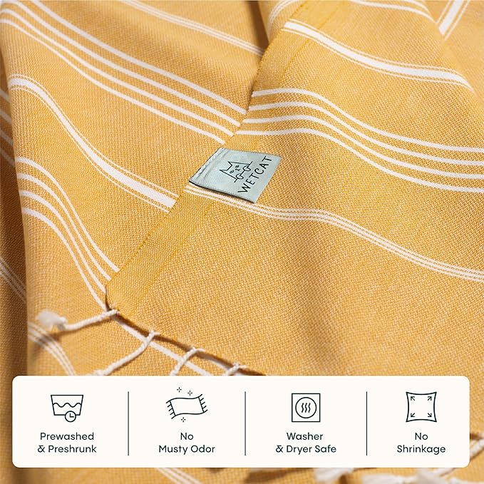 WETCAT Turkish Beach Towel Oversized (38"x71") 100% Turkish Cotton, Made in Turkey - Sand Free, Extra Large, Ultra Soft, Quick Drying, Compact & Lightweight for Travel - Honey Gold