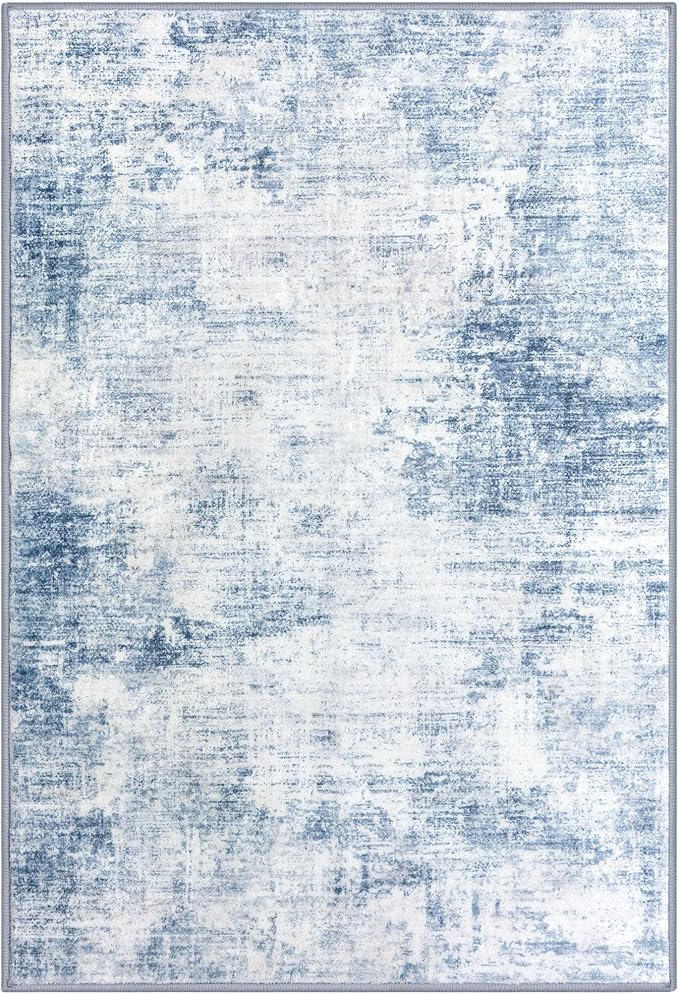 IOHOUZE Abstract Area Rugs 9x12 Ft Washable Large Rugs for Living Room, Non Slip Dining Room Rug, Printed Faux Wool Rugs for Bedroom, Floor Carpet for Office Nursery Playroom, Light Blue White
