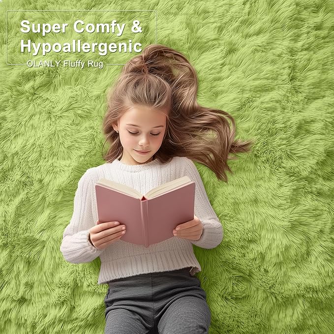 OLANLY 9x12 Machine Washable Large Area Rugs for Living Room, Bedroom, Soft Fluffy Shaggy Bedside Rug, Indoor Floor Carpet for Kids Girls and Boys, Dorms, Nursery, Home Decor Aesthetic, Grass Green