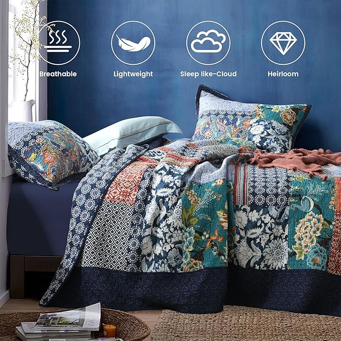 Secgo California King Quilt Size - 100% Cotton Oversized California Comforter Set Bedding Sets (120 * 110 Inch) with 2 Pillow Shams, Patchwork Reversible Lightweight Bedspread