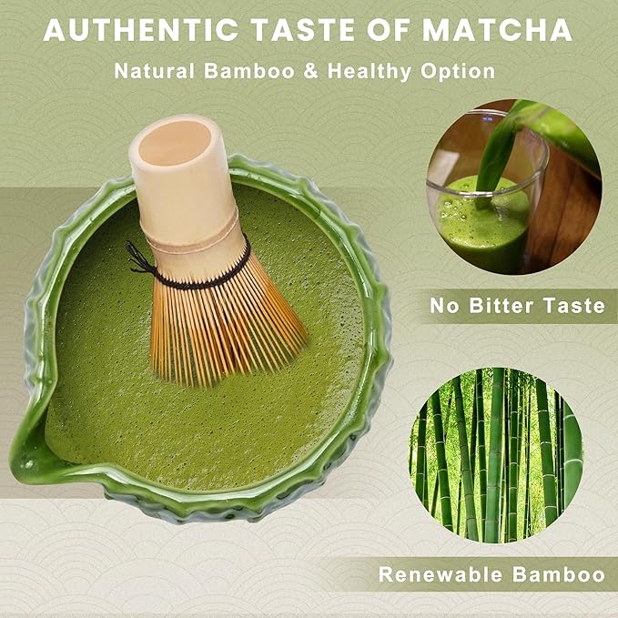 Matcha Whisk Set,Matcha Bowl with Spout,Matcha Whisk (Chasen) and Holder,Matcha Sifter and Bamboo Matcha Spoon,Scoop Matcha Making Kit 6Pcs Light Green