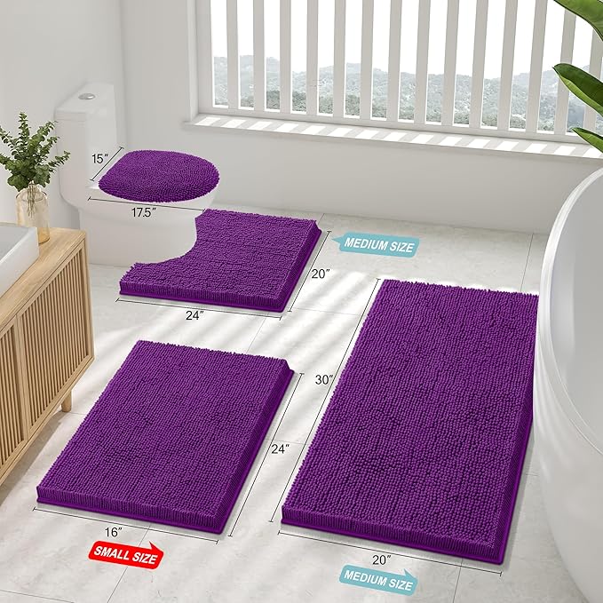 Smiry Luxury Chenille Bathroom Rugs 30x20, Extra Soft and Absorbent Shaggy Bath Mat, Machine Washable, Non-Slip Plush Carpet Runner for Tub, Shower, and Floor, Home Decor Accessories, Violet