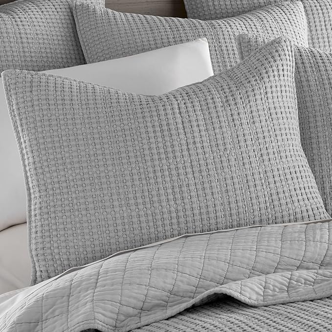 Levtex Home Mills Waffle King/Cal King Quilt Set (106x92in) with 2 Pillow Shams (36x20in) - Grey - Cotton Waffle King Size Quilt Bedding Set - Lightweight, Soft, Pre-Washed