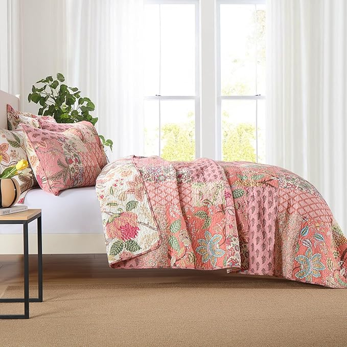 NEWLAKE Cotton Patchwork Bedspread, 3-Piece Bedding Quilt Set with Real Stitched Embroidery, Reversible Matelasse Bed Coverlet Set,Bohemian Floral,California King Size